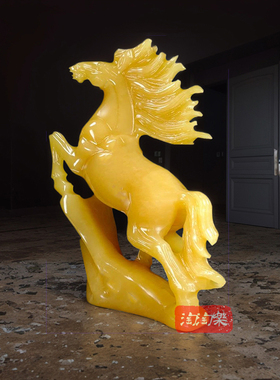 天然玉石马到成功黄玉玄关玉雕客厅天然原石手工酒柜摆件工艺品