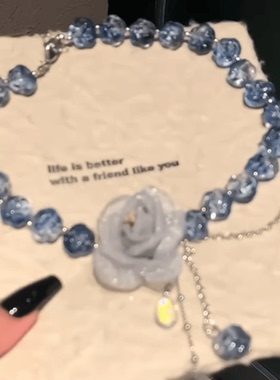 甜酷辣妹网纱蓝色花朵项链爆闪串珠链流苏独特锁骨链小众设计颈链