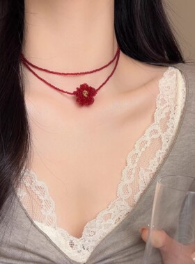 红色山茶花串珠显白双层锁骨链