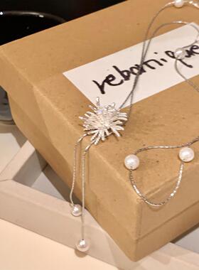 韩系银色烟花珍珠流苏项链