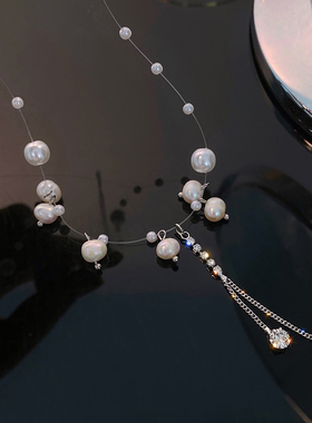 人鱼的眼泪~天然珍珠闪钻流苏项链女2022年新款轻奢小众短款颈链