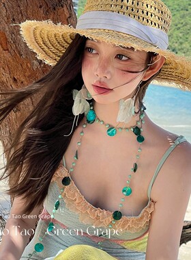 夏日波西米亚孔雀蓝绿珠锁骨链