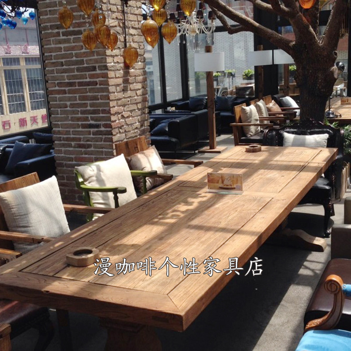 漫咖啡桌椅 老榆木門板傢俱歐式長桌 美式鄉村做舊餐桌咖啡桌包郵