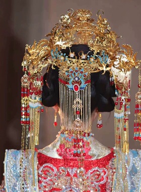 汉服凤冠金红蓝色新娘蓝色凤凰发冠整环全冠头饰秀禾发饰显脸小