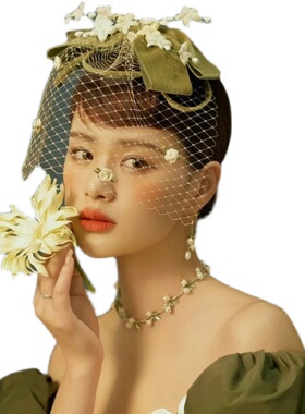 手工绒面墨绿色蝴蝶花瓣面纱