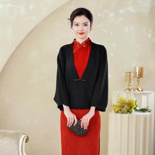旗袍披肩礼服披风针织外套蝙蝠袖优雅上衣新中式民国风复古小开衫 - 图2