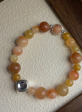 S925银多巴胺天然红胶花金丝玉手链戒指套装韩风搭配小众设计风格