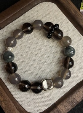 S925银质感天然鹰眼石灰玛瑙茶晶手工拉丝方块银珠手链冷淡高级