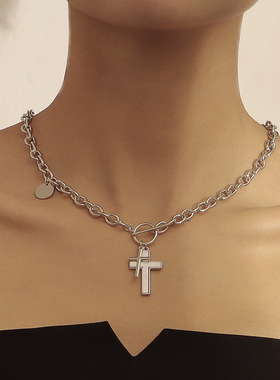 朋克双十字架白贝母吊坠项链 辣妹锁骨链感轻奢