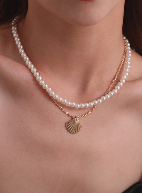 欧美跨境饰品气质珍珠扇贝合金吊坠项链女时尚简约手工双层项饰