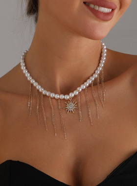 镶钻芒星仿珍珠项链女多条流苏轻奢时尚感choker
