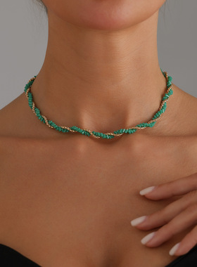 玻璃水晶金蛇链缠绕项链女性感辣妹ins拼接风锁骨链双蛇缠绕