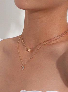 时尚桃心满钻月牙吊坠项链女气质时尚个性爱心项饰