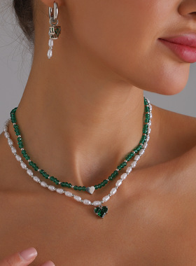 轻奢感异型珍珠水晶爱心项链设计感百搭项饰套装耳饰