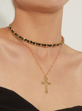复古十字架个性女项链时尚潮流黑色皮带