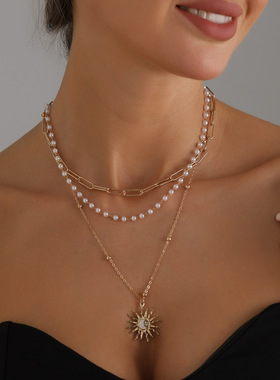 太阳花项链复古时尚多层珍珠链百搭小众优雅气质