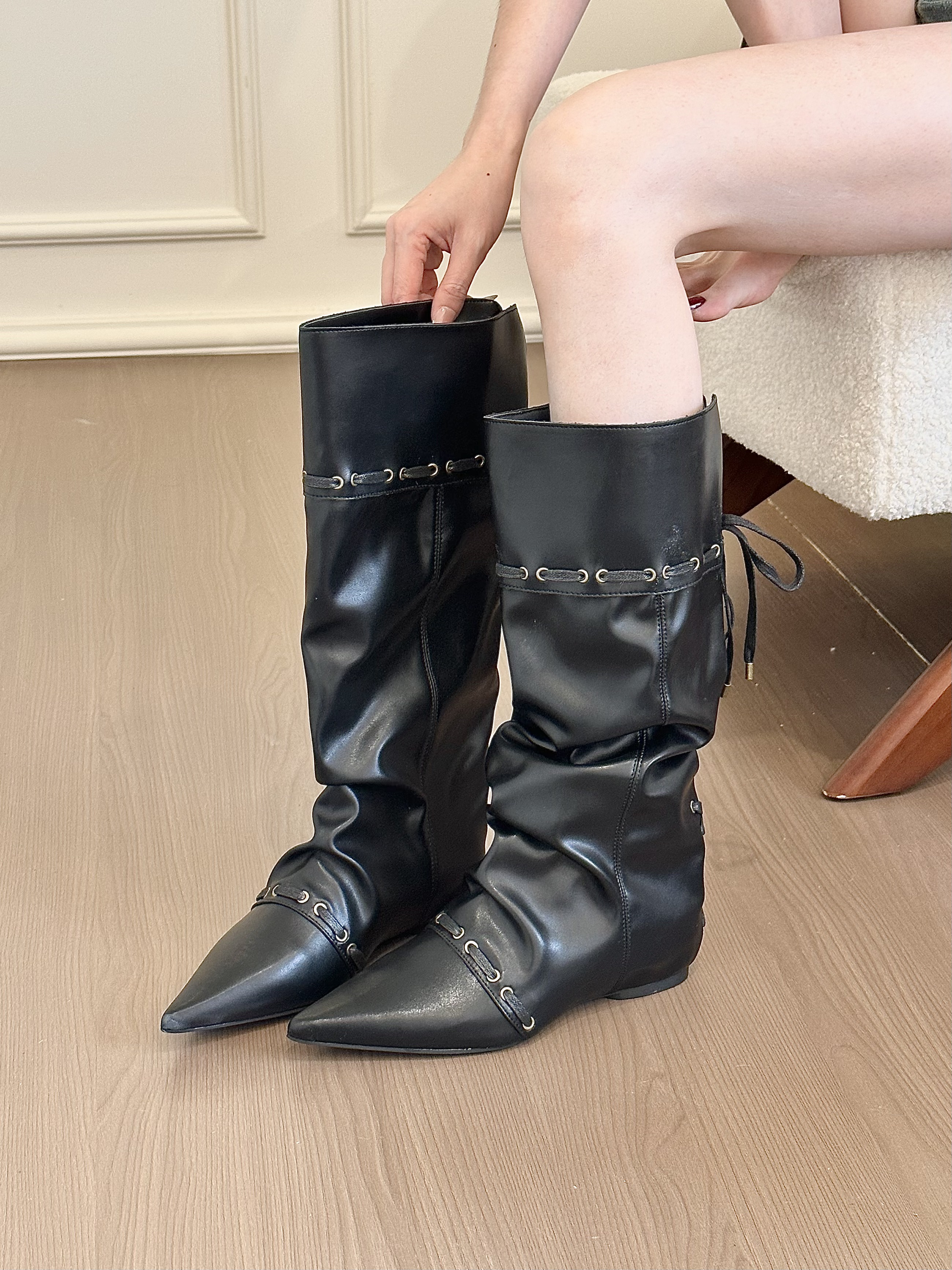 titing辣妹流浪感！复古绒面尖头内增高堆堆靴女秋冬多穿长筒靴 - 图2