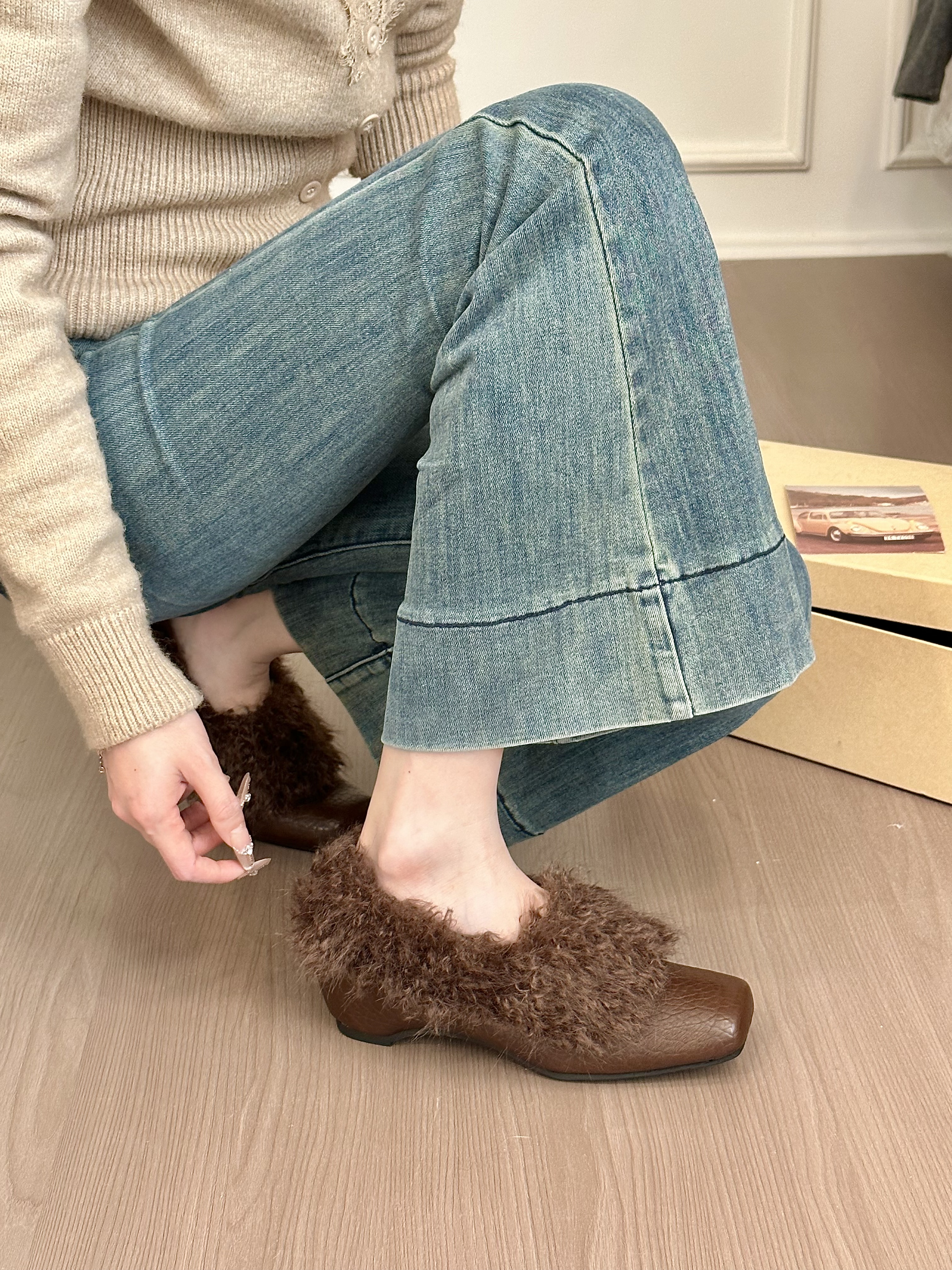 titing中古可露丽！气质纹理方头卷毛单鞋女冬韩版加绒内增高单鞋,淘宝优惠券,粉丝福利购,淘宝优惠卷