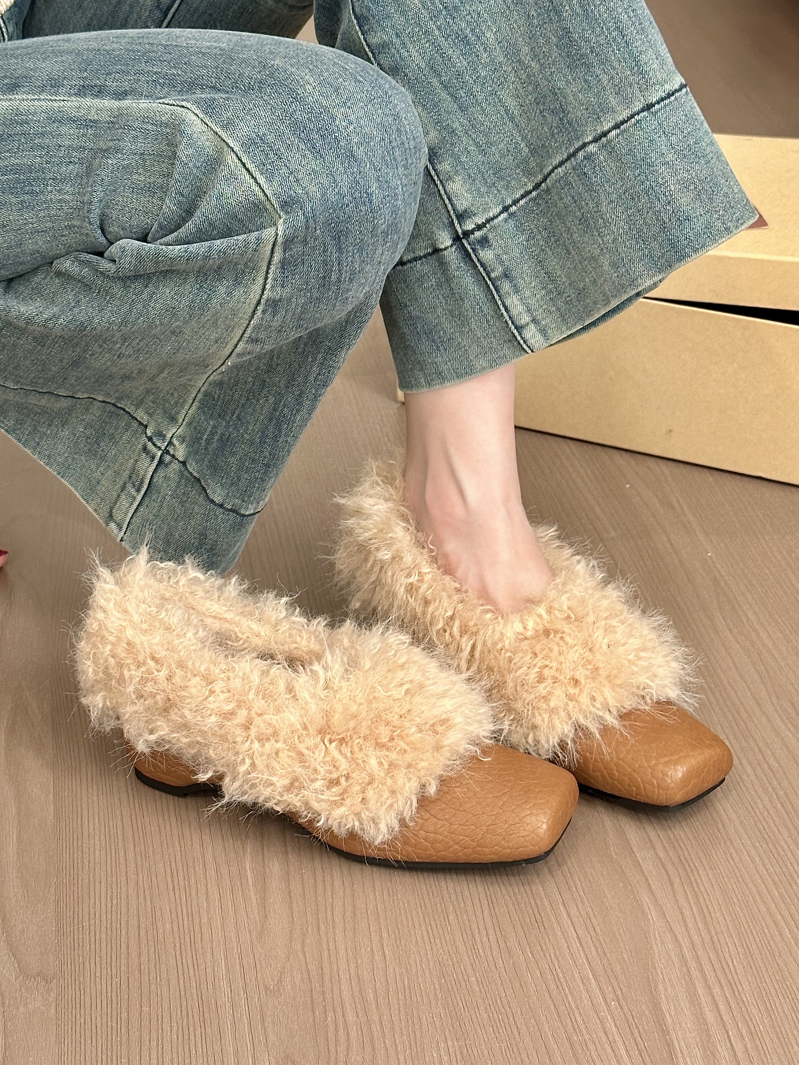 titing中古可露丽！气质纹理方头卷毛单鞋女冬韩版加绒内增高单鞋,淘宝优惠券,粉丝福利购,淘宝优惠卷