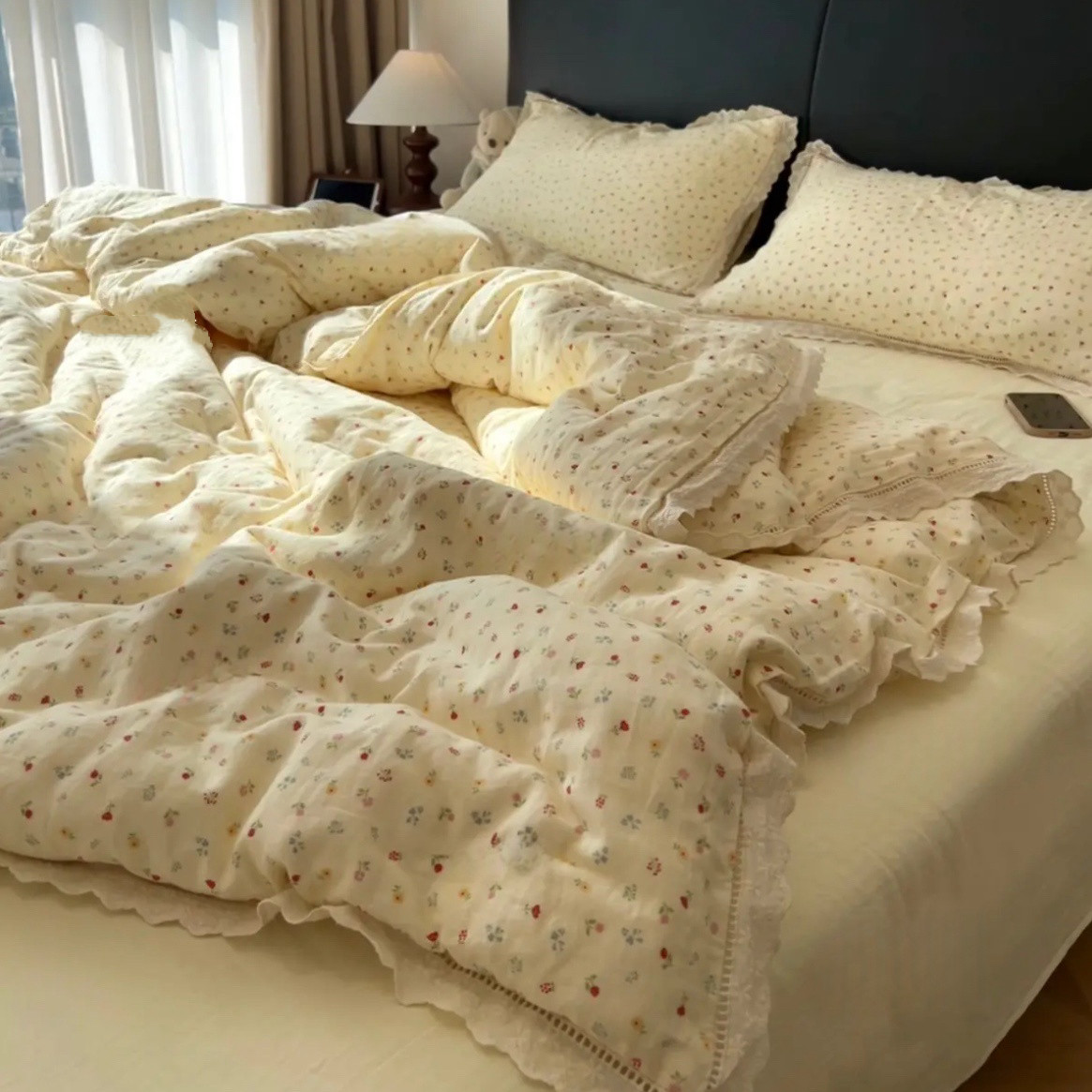 抖音爆款A类全棉有氧双层纱四件套纯棉镂空花边被套四件套三件套