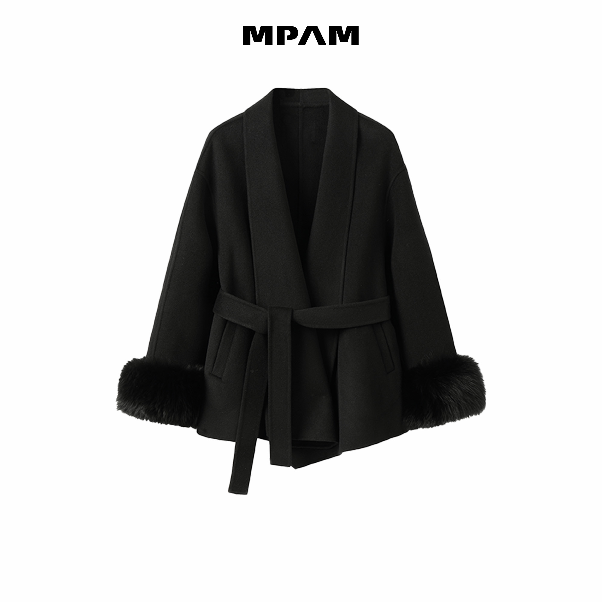 MPAM袖口可拆卸狐狸毛绵羊毛双面呢大衣女显瘦秋冬新款毛呢外套 - 图0
