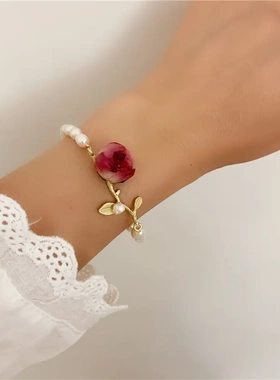 法式复古超仙气质田园风光树枝叶滴胶永生花真花淡水珍珠手链项链