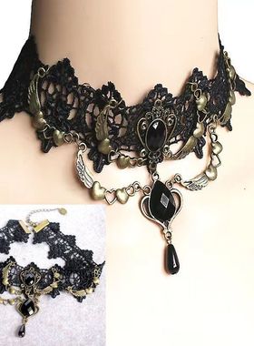 洛丽塔黑色蕾丝项链复古夸张女项饰品爱心桃心项链网红项圈配饰品
