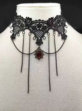 暗黑复古公主蕾丝花边流苏项链黑色洛丽塔颈链choke万圣节锁骨链