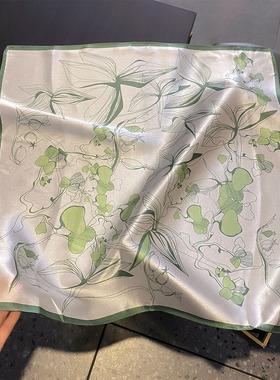 小清新绿色植物印花真丝小方巾