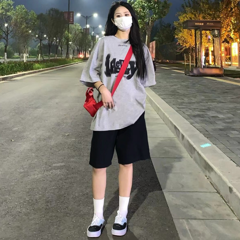 运动短裤女夏天季宽松直筒显瘦休闲潮港味阔腿中裤5黑色五分裤子-图2