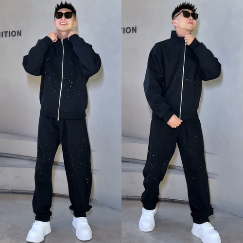 春季爆款时尚烫钻满天星运动套装潮流个性痞帅男士外套长裤两件套 - 图0