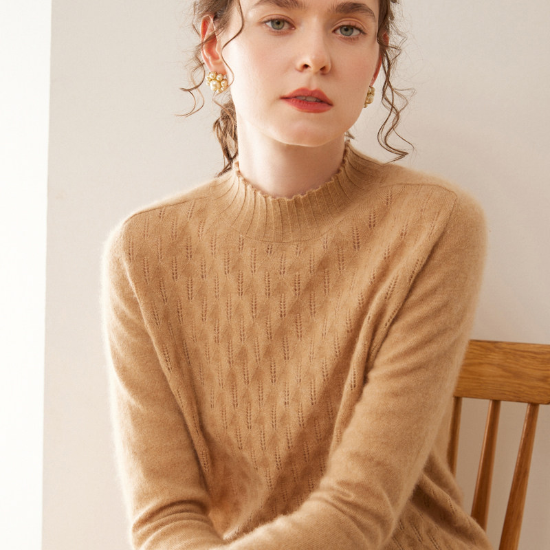 戎美衣尚羊绒衫女花领镂空半高领针织打底衫正肩温柔风高品质毛衣,淘宝优惠券,粉丝福利购,淘宝优惠卷