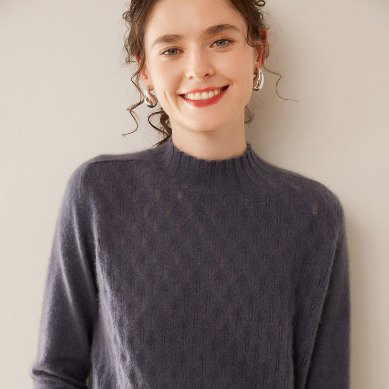 戎美衣尚羊绒衫女花领镂空半高领针织打底衫正肩温柔风高品质毛衣,淘宝优惠券,粉丝福利购,淘宝优惠卷