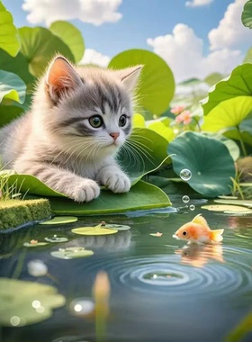仿真小猫荷花池边自粘防水墙贴