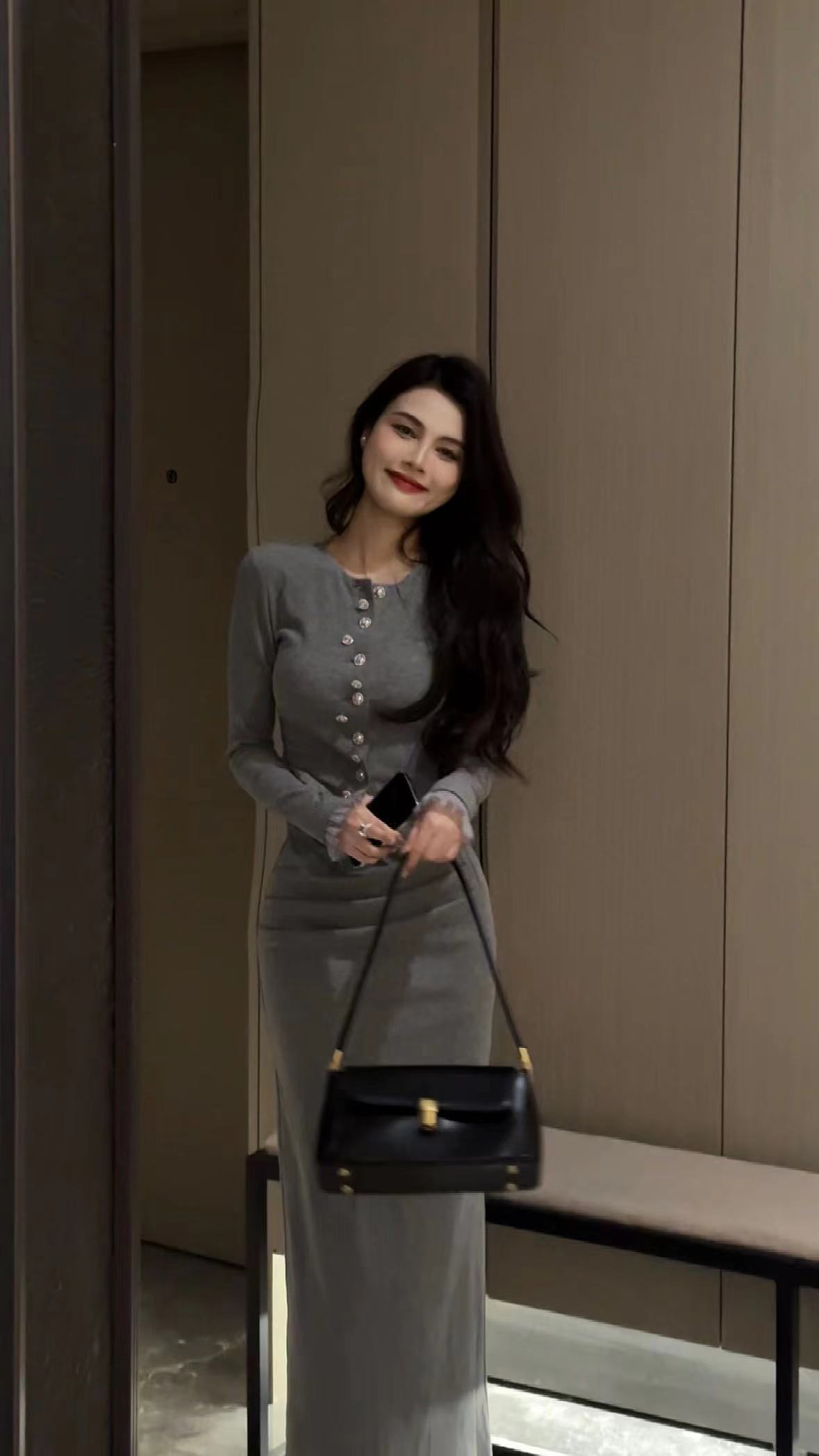 【大婷婷】早秋新款法式圆领长袖小香风上衣褶皱半身裙套装DT096 - 图0