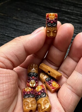 藏式老料驼骨彩绘观音三通文玩佛珠串珠diy配饰骨雕佛头