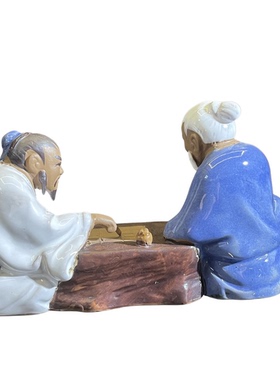 石湾公仔对弈图陶瓷摆件下棋老人文人雅士雕塑 客厅书房茶室装饰