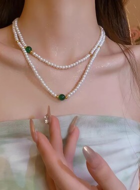 施家珍珠气质时尚天然石项链新中式国潮小众设计感锁骨链新款项饰