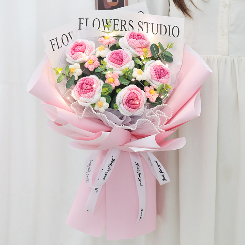 七夕情人节创意生日礼物针织玫瑰花仿真毛线成品编织永生花送女友