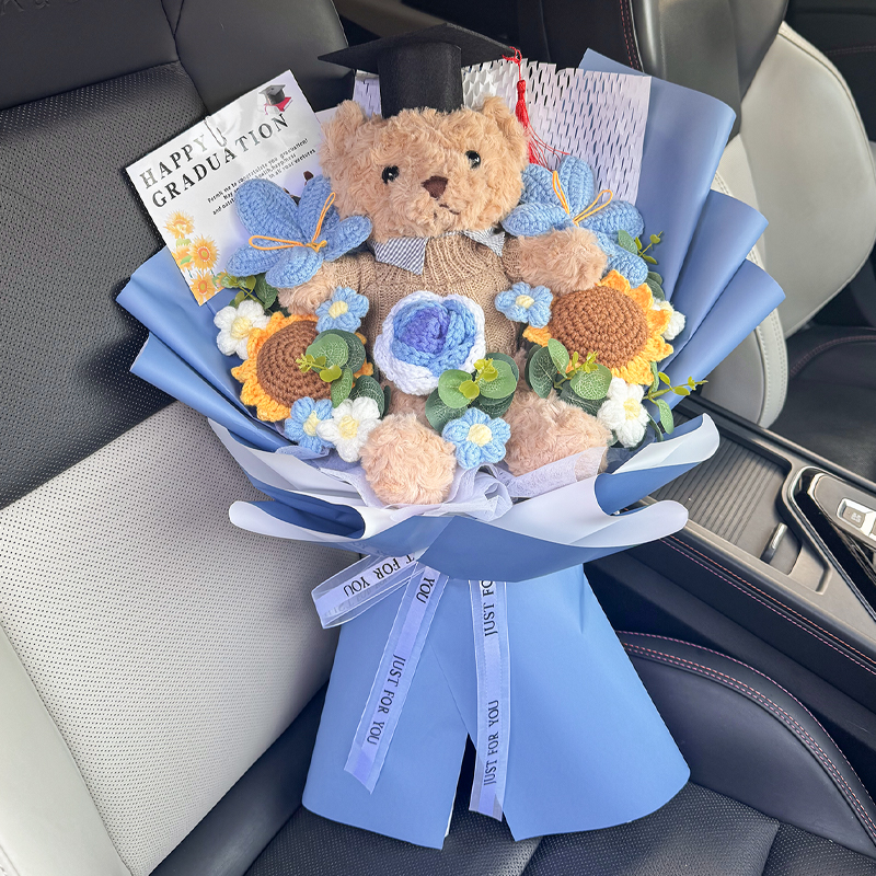 毕业熊成品手工编织毛线针织仿真花束成人礼生日毕业季送孩子闺蜜 - 图0