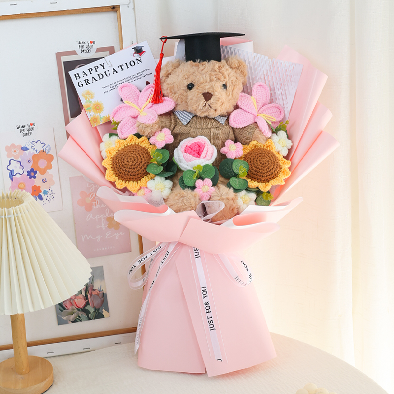 毕业熊成品手工编织毛线针织仿真花束成人礼生日毕业季送孩子闺蜜 - 图2