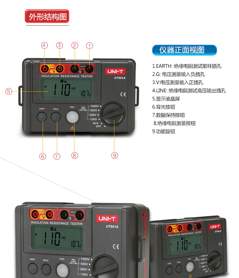 优利德UT501A绝缘电阻测试仪UT502A数字UT501C兆欧表UT502C摇表 - 图1