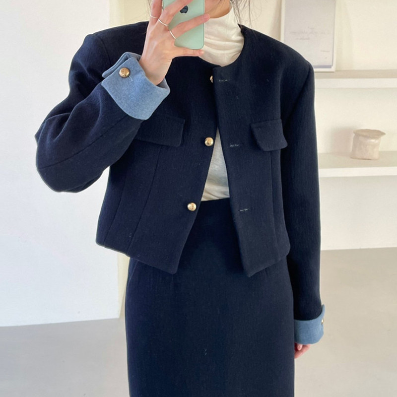 韩国chic复古简约圆领撞色长袖毛呢外套+高腰后开叉半身裙套装女,淘宝优惠券,粉丝福利购,淘宝优惠卷