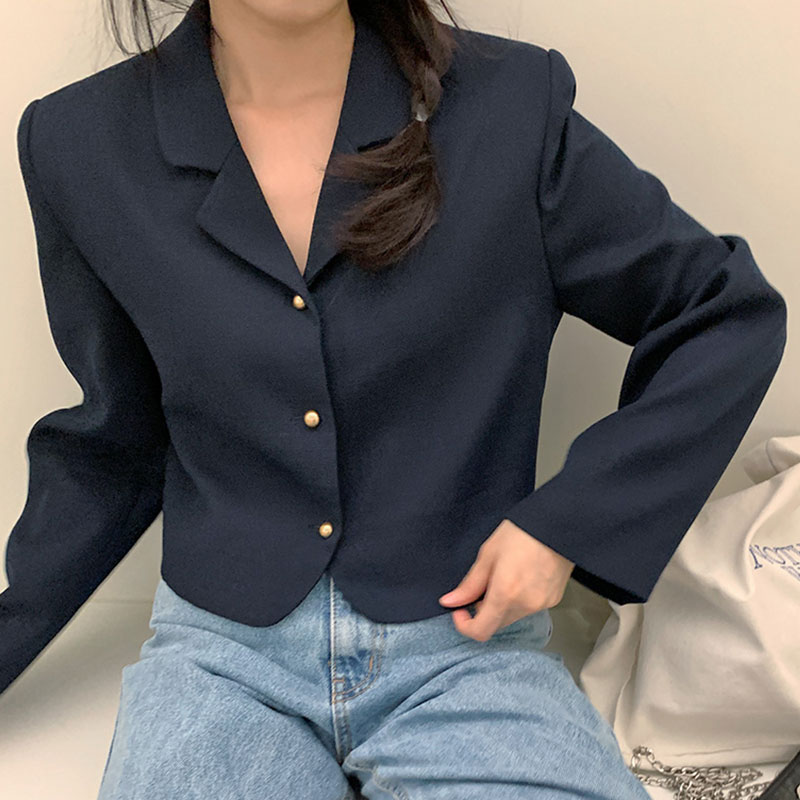 韩国chic秋季法式复古翻领金属单排扣宽松直筒长袖短款西装外套女 - 图0