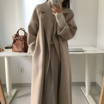 ຊຸດກະໂປ່ງເກົາຫຼີແບບ minimalist retro collar tie waist loose mid-length woolen coat coat for women