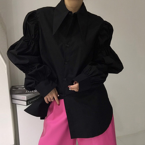 韩国chic复古宫廷风尖尖领单排扣设计宽松抽摺感泡泡袖衬衫上衣女-图3