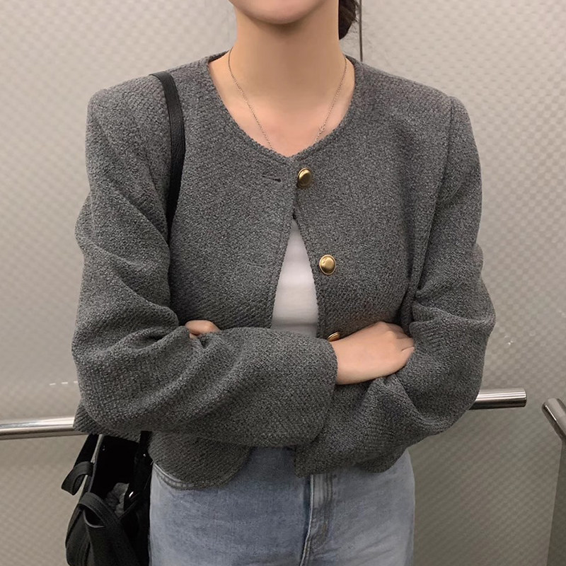 韩国chic秋季法式高级感金属单排扣宽松通勤百搭长袖毛呢短外套女,淘宝优惠券,粉丝福利购,淘宝优惠卷