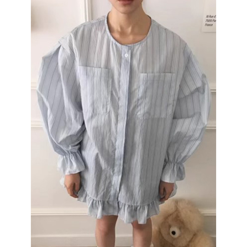 良良家拼接木耳边长袖条纹衬衫女春季新款小众减龄双口袋宽松上衣