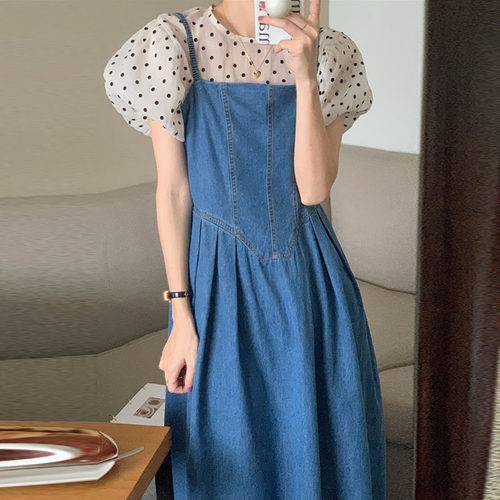 韩国chic夏季气质圆领波点泡泡袖衬衫+方领收腰显瘦牛仔连衣裙女 - 图2