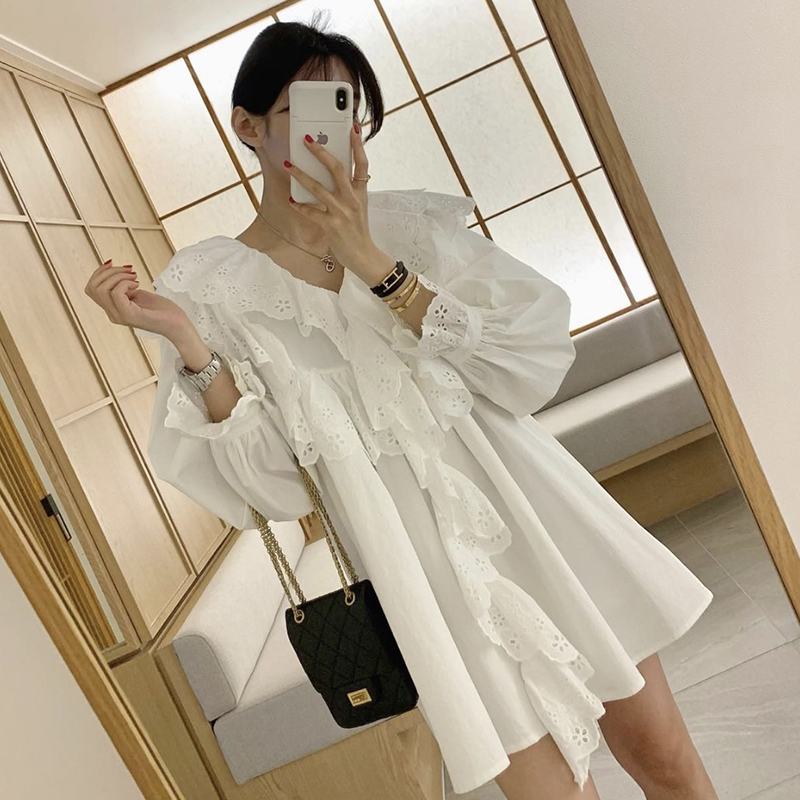 韩国chic春季法式气质V领拼接蕾丝荷叶边设计收腰显瘦长袖连衣裙 - 图3